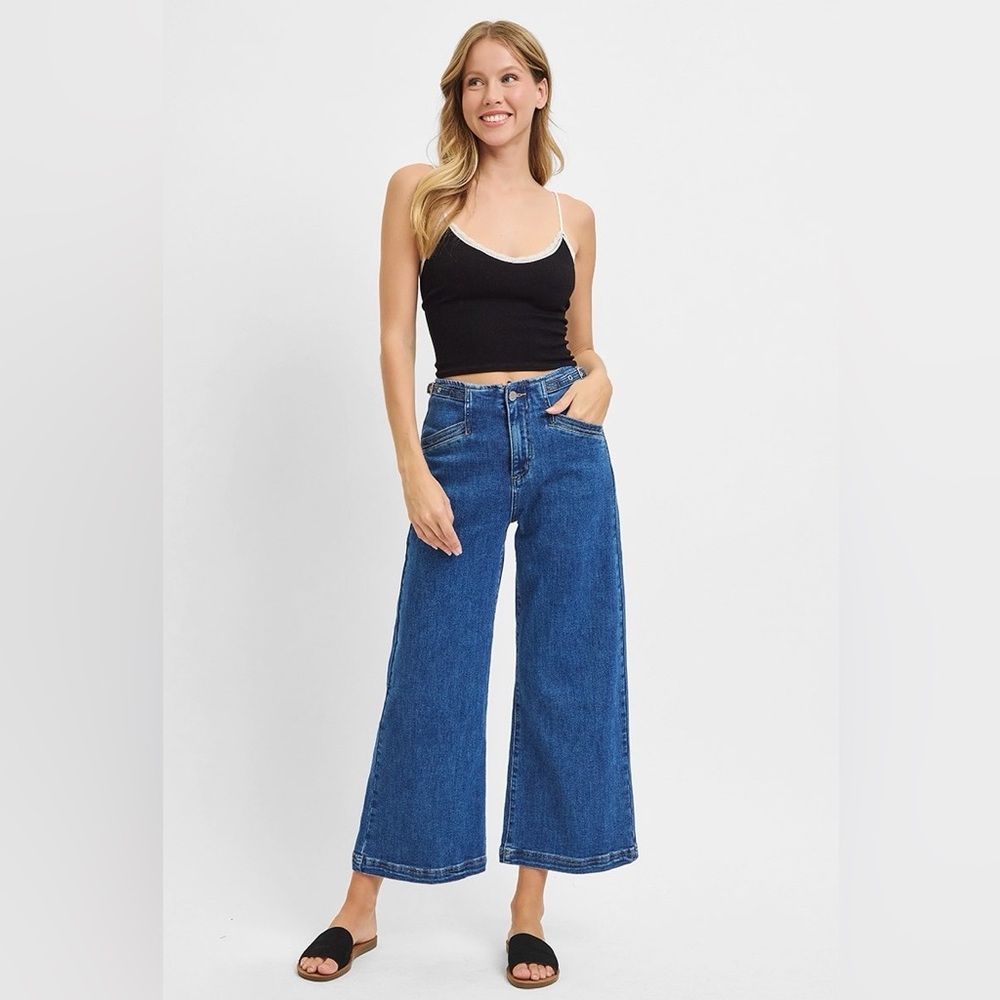 Risen High Rise Crop Wide Leg Jeans – Adjustable Waistband | Dark Wash Denim - Picture 4 of 11